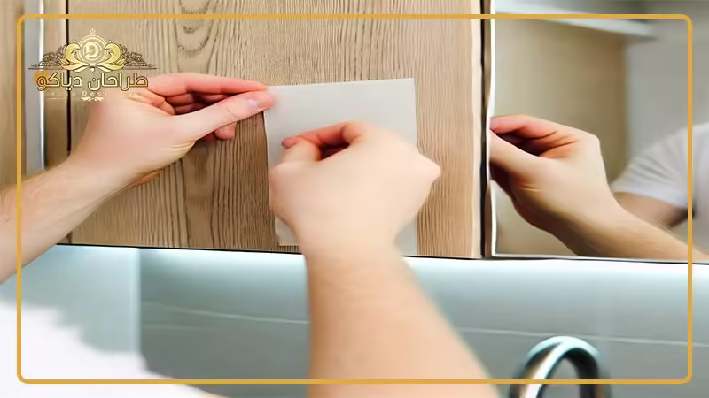 شخصی در حال بررسی دقیق نصب شدن برچسب کابینت