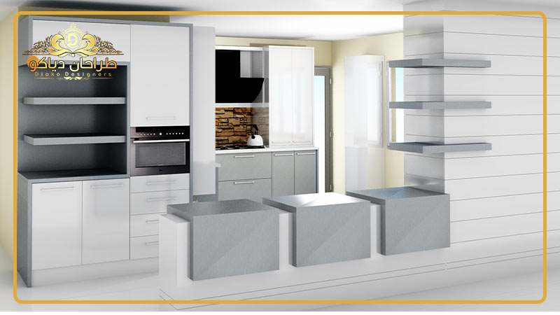 کابینت های فایبرگلاس سفید طوسی در آشپزخانه ای جذاب