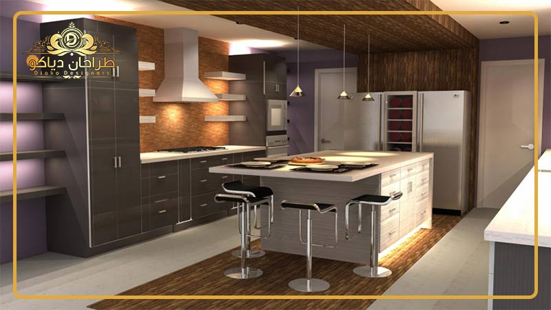 کابینت انزو سفید مشکی براق در یک آشپز خانه با صندلی های مدرن