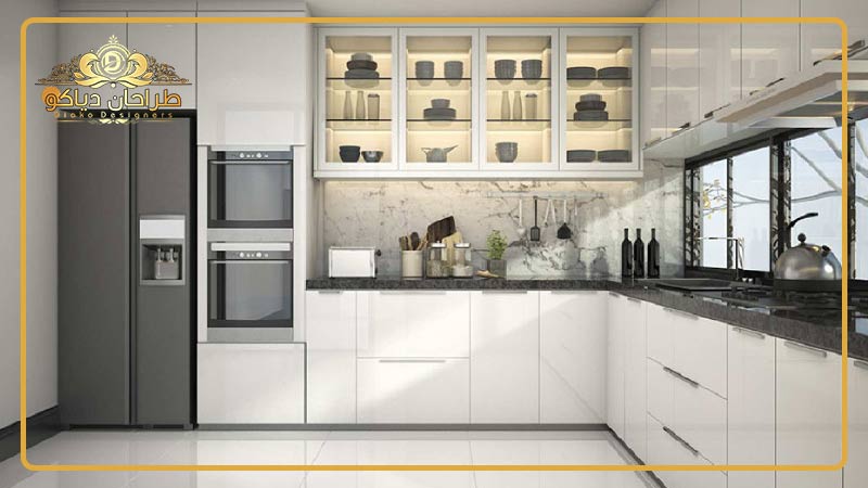 کابینت های گلاس سفید بدون دسته براق