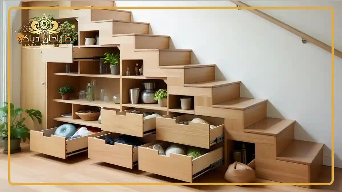 کابینت پله ای مدل کابینت پلکانی در زیر پله قهوه ای روشن