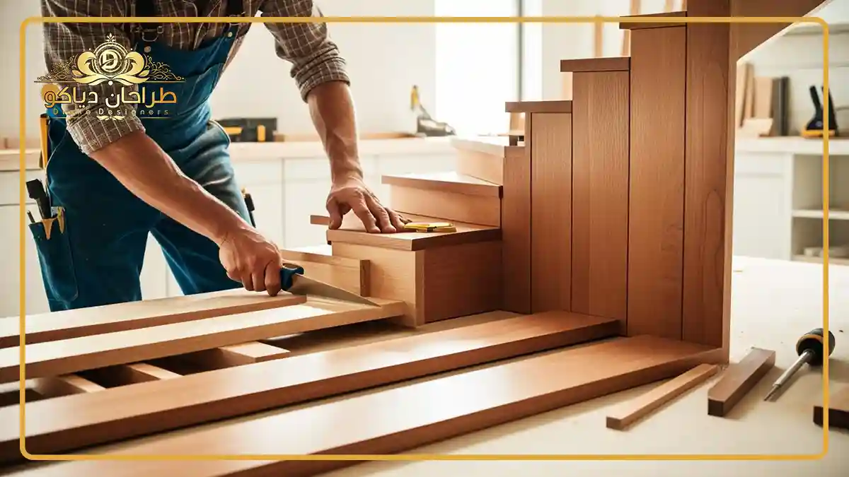 شخصی در حال برش چوب برای ساخت و نصب کابینت پله ای